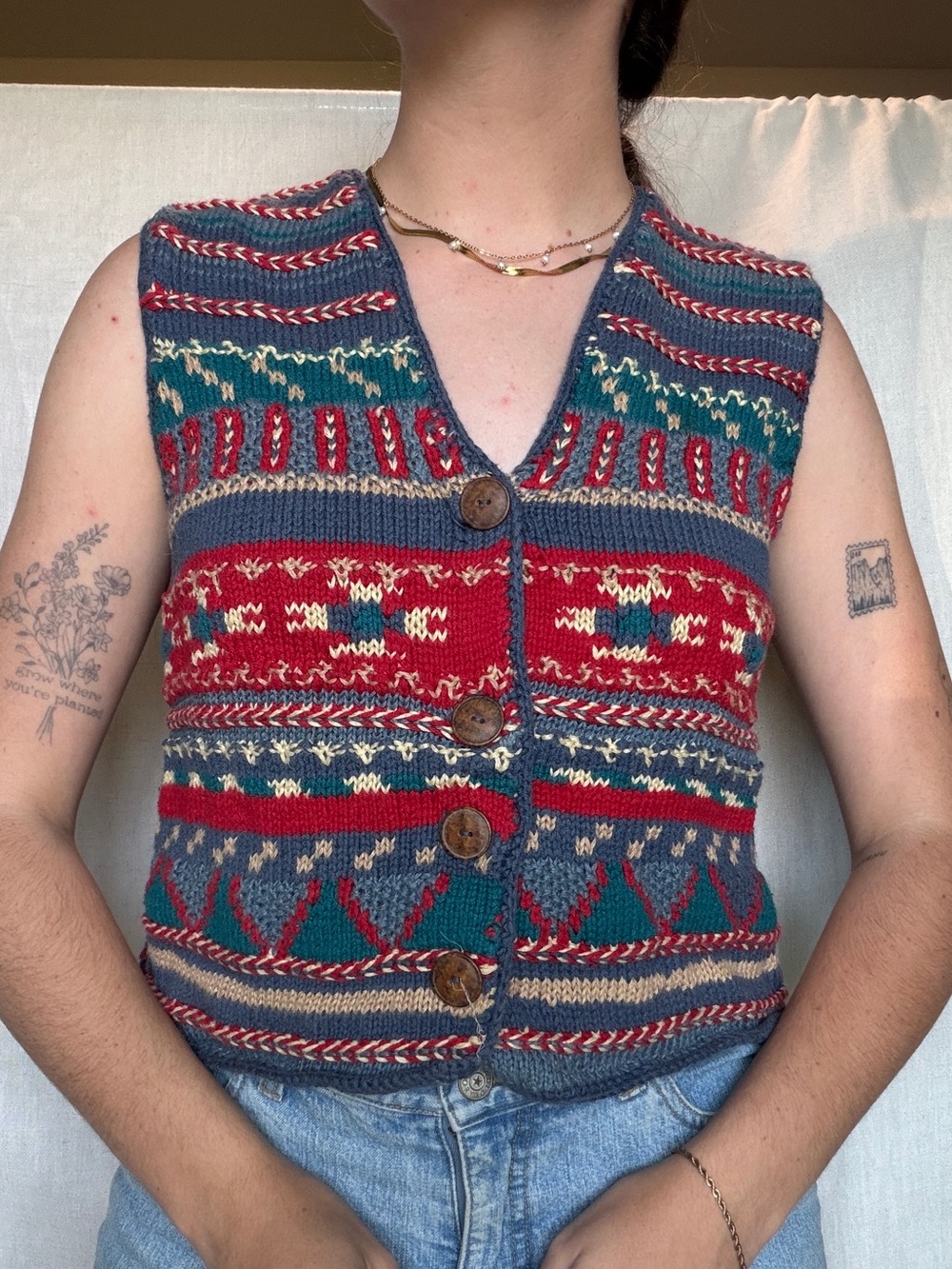 vintage chunky knit button front cardigan vest tank top maximalist boho size Sm - Picture 3 of 4
